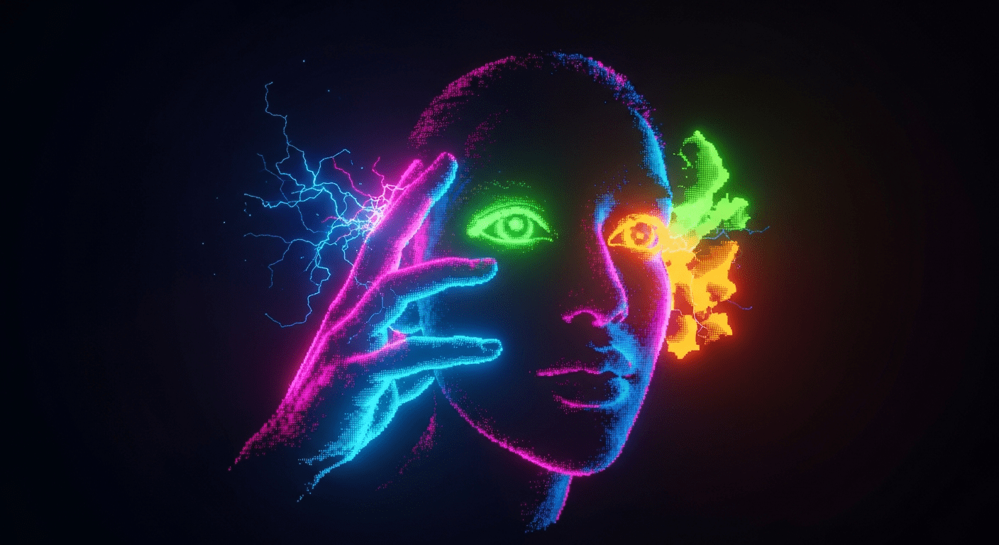 Illustration abstraite montrant la synthèse entre l'art IA et la création numérique avec des éléments pixelisés