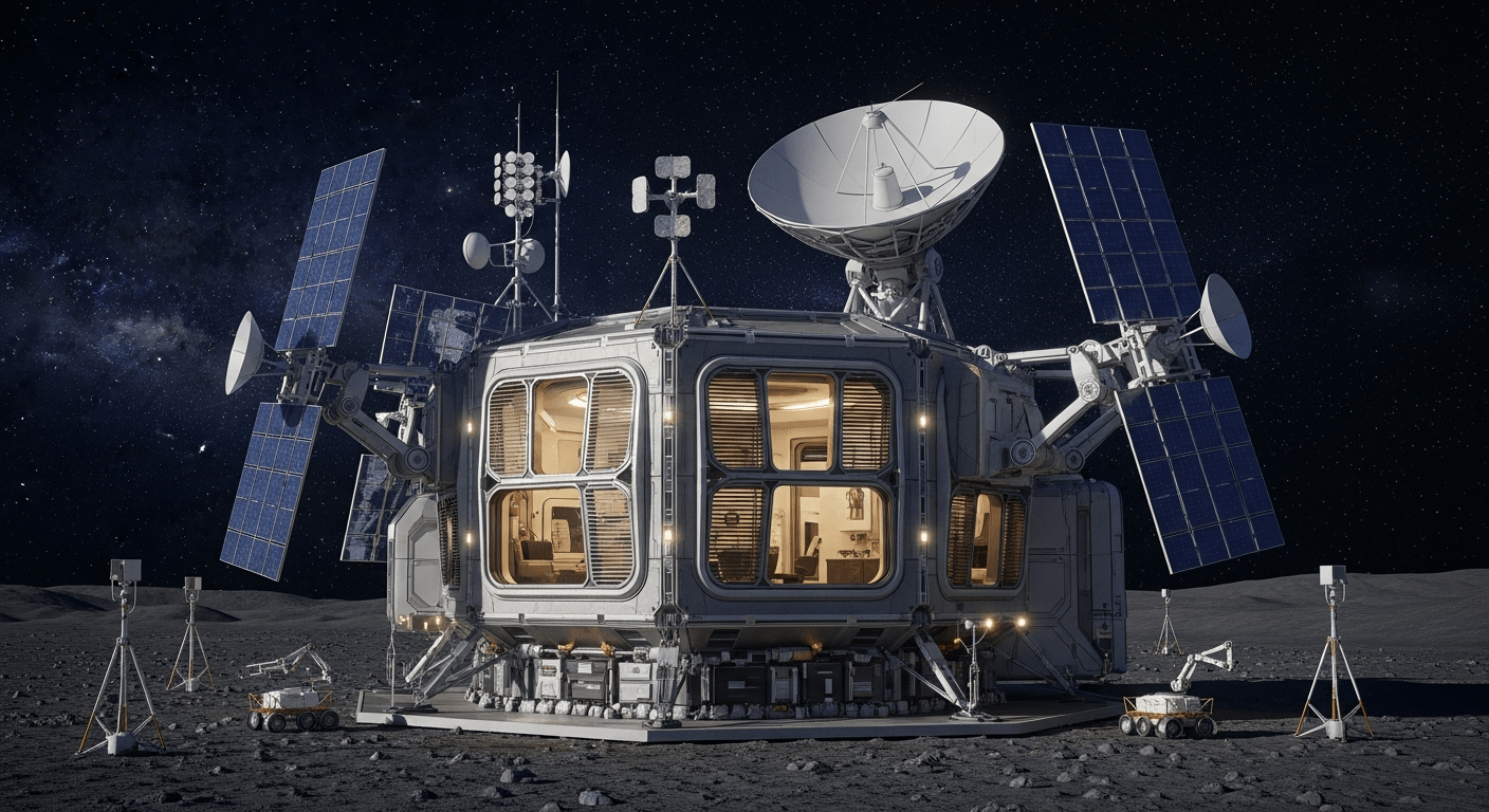 Base lunaire permanente illustrant la conquête spatiale moderne et ses infrastructures futures