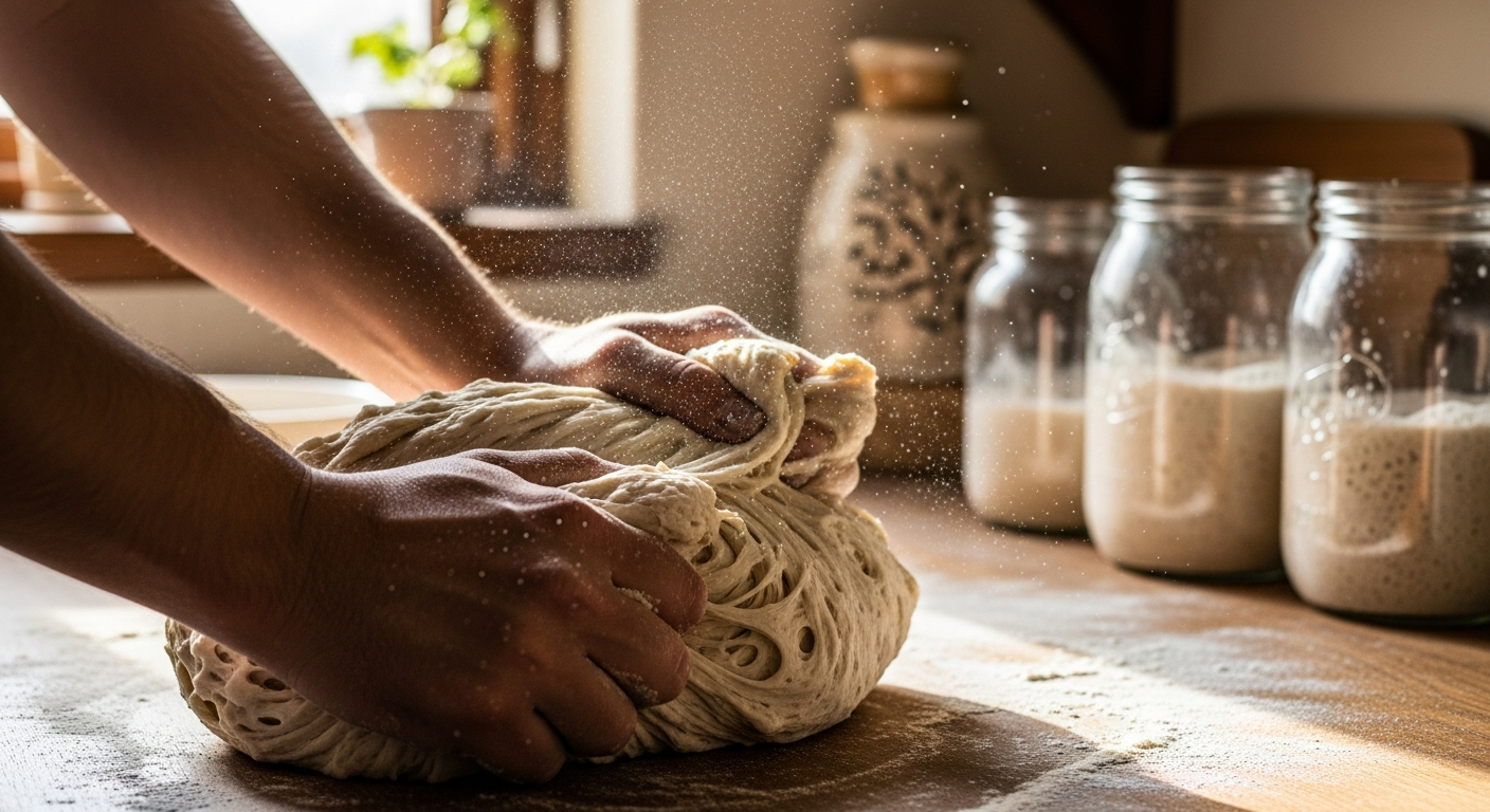 Mains pétris une pâte de pain levain dans une cuisine artisanale traditionnelle