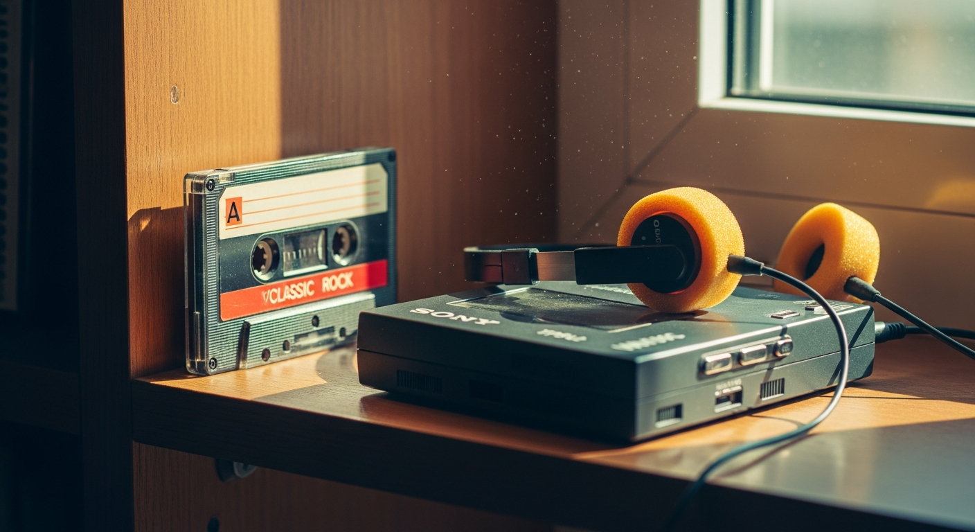 Cassette audio rétro posée sur une étagère avec baladeur, illustrant le retour en grâce des formats audio analogiques