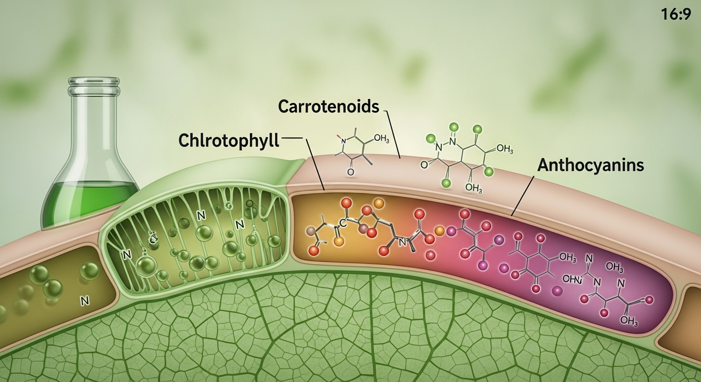 Illustration scientifique d'une coupe transversale de feuille montrant les caroténoïdes et chlorophylle responsables des couleurs