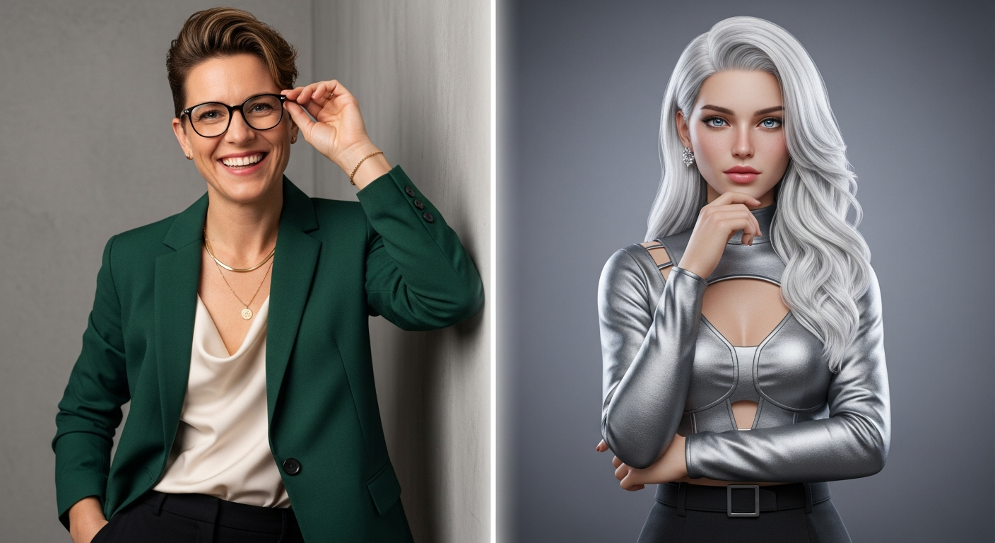 Comparaison entre un créateur humain et un créateur virtuel générés par IA avec des technologies marketing différentes