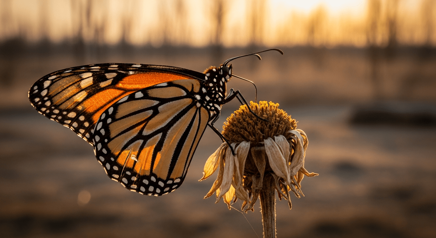 Papillon monarque fragilisé sur fleur fanée illustrant le déclin biodiversité global
