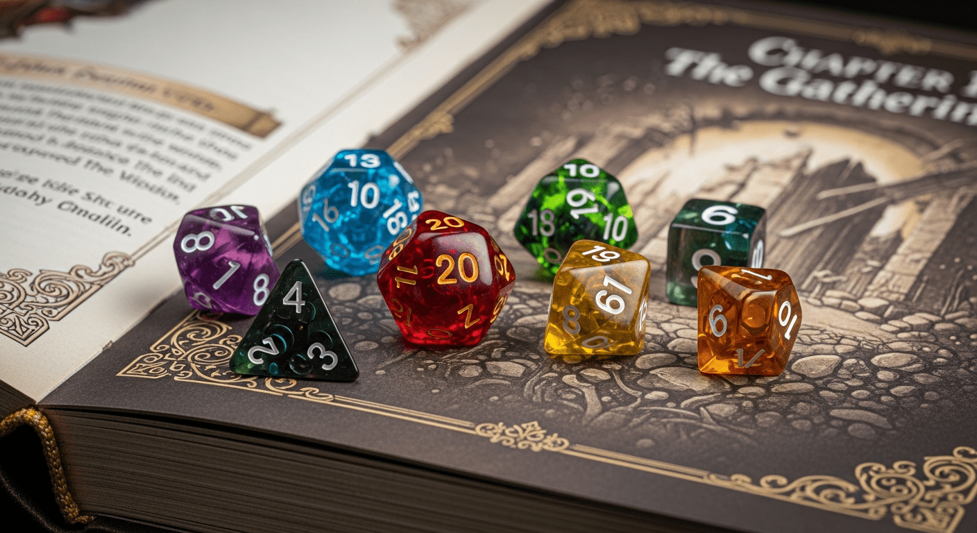 Dés polyhédriques colorés sur un livre de règles de jeux de rôle séries avec une couverture ornementale