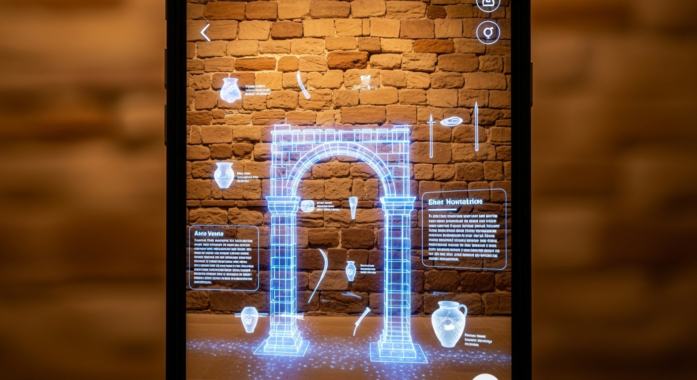 Interface d'escape game en réalité augmentée affichant des éléments historiques numériques sur smartphone