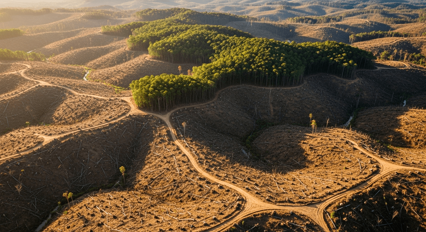 Zone déforestée contrastant avec forêt tropicale montrant l'extinction des espèces