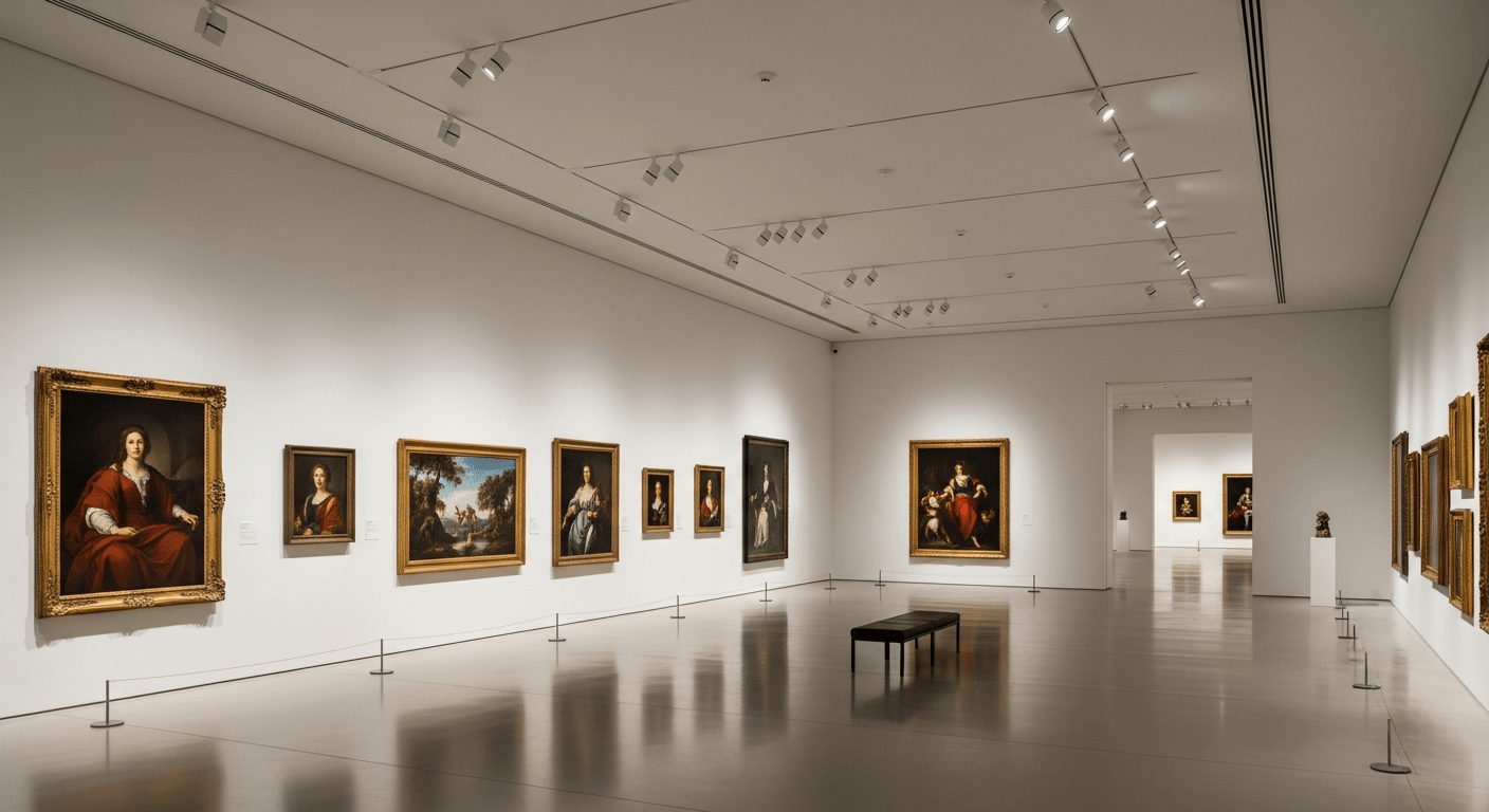 Intérieur d'une galerie d'art moderne exposant des créations numériques et intelligences artificielles