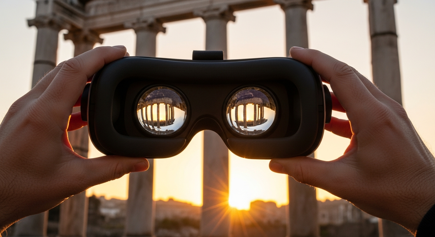 Expérience d'histoire immersive avec casque VR devant des ruines romaines authentiques