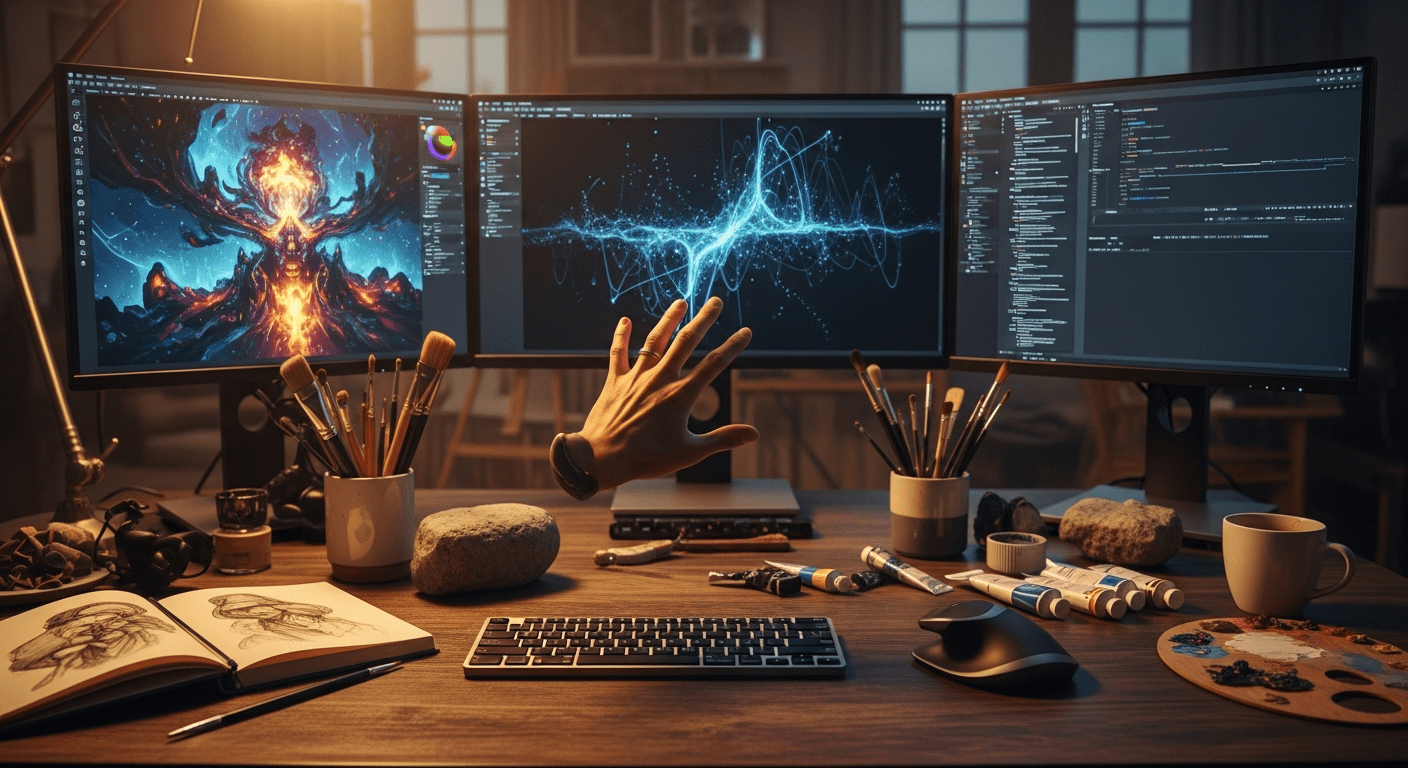 Espace de travail créatif combinant outils traditionnels et intelligence artificielle pour la création artistique