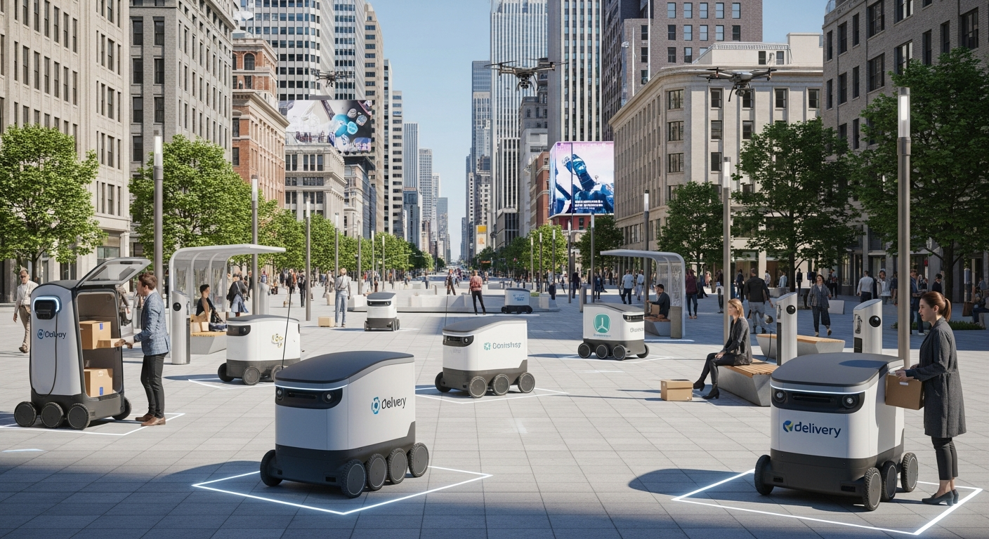 Logistique urbaine avec plusieurs robots de livraison dans une zone piétonne de ville intelligente