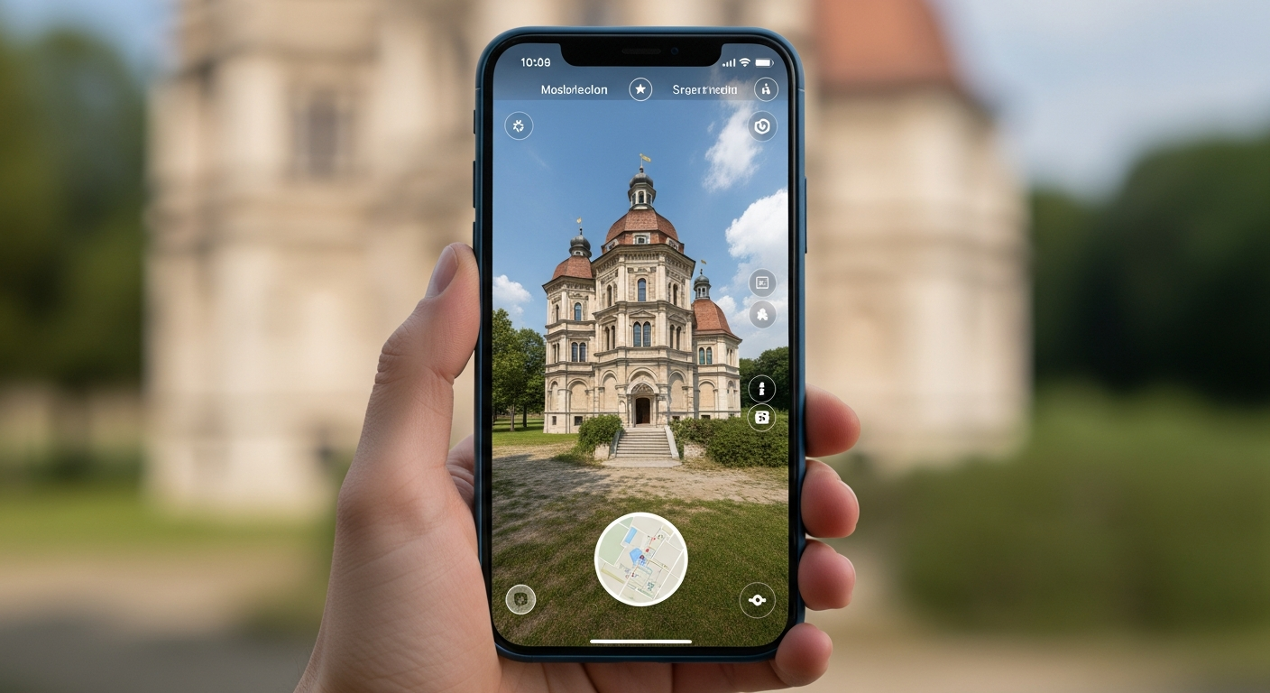 Médiation culturelle numérique avec application de réalité augmentée reconstruisant un bâtiment historique