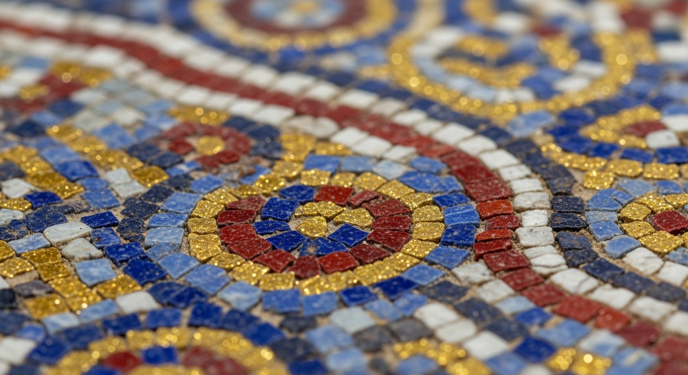 Détail rapproché de mosaïque romaine montrant les tesserae colorées assemblées avec précision dans un motif complexe