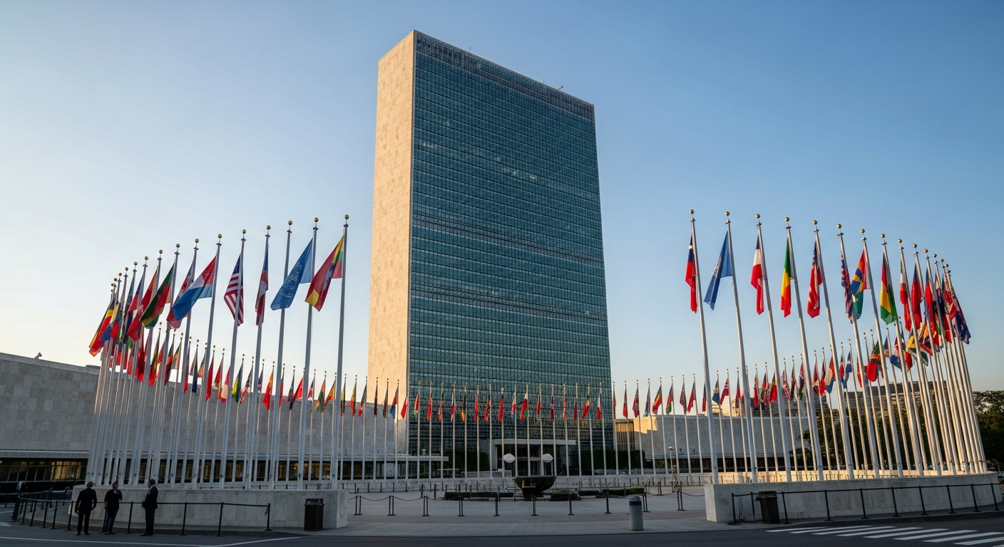 Siège de l'ONU avec les drapeaux des États membres représentant les nations