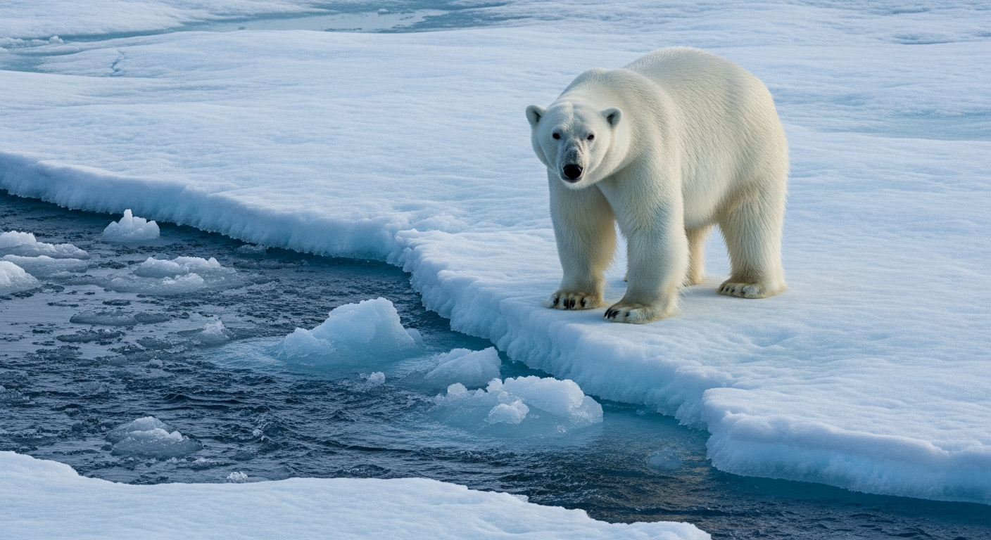 Ours polaire sur la banquise qui fond, symbolisant les espèces menacées par le changement climatique
