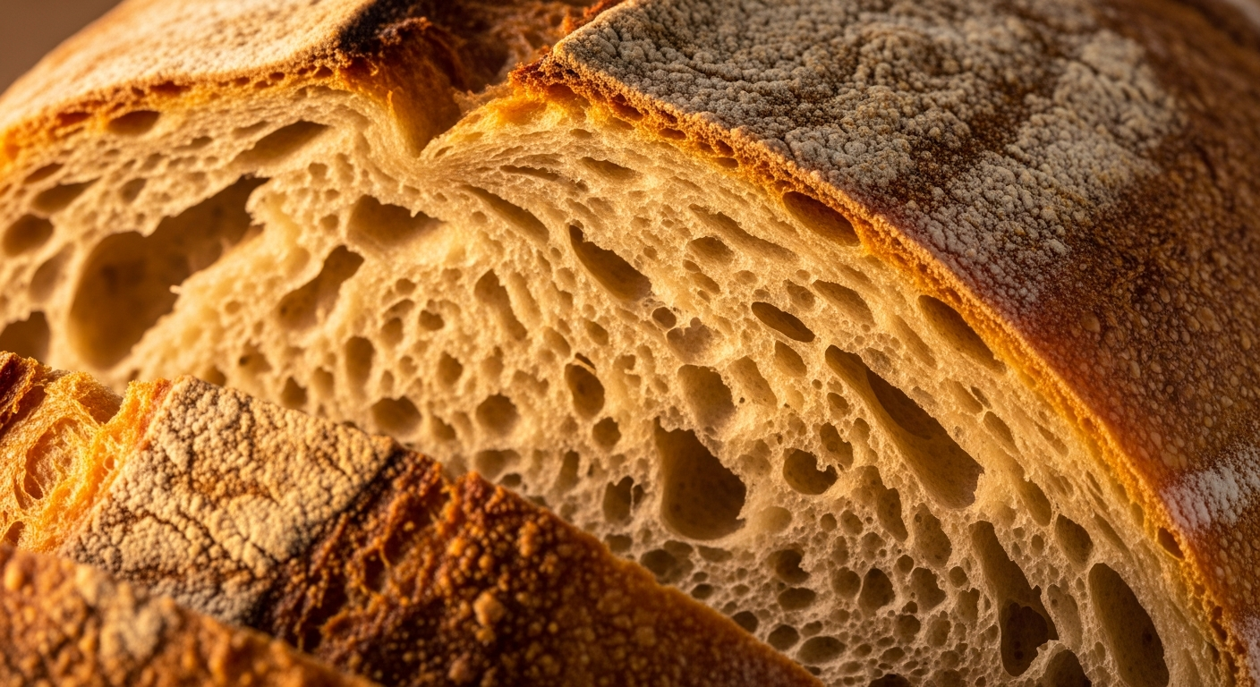 Détail macro d'une tranche de pain au levain montrant la structure alvéolée caractéristique
