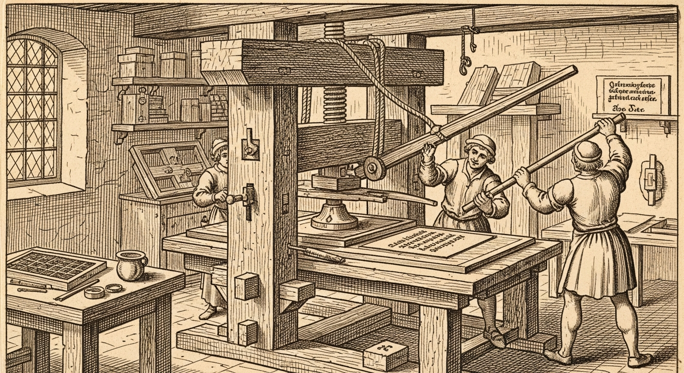 Illustration historique d'une presse typographique du XVe siècle, symbole de l'imprimerie moderne inventée par Gutenberg