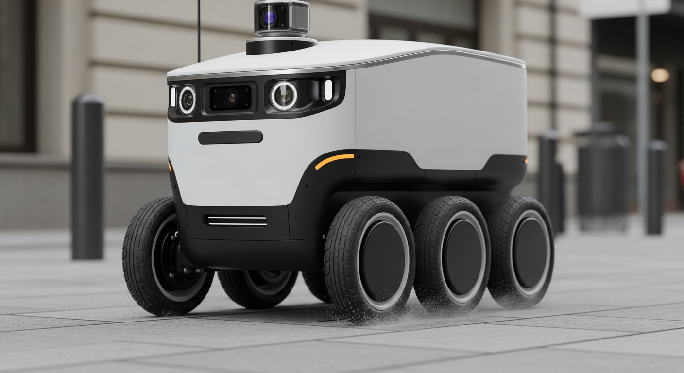 Robot de livraison autonome équipé de capteurs et de caméras sur un trottoir urbain