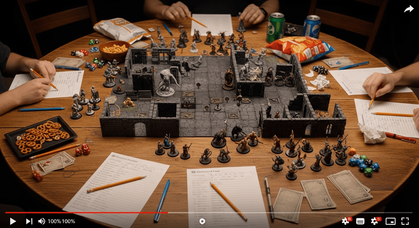 Table de jeu avec fiches de personnage et figurines pour une partie de Donjons et Dragons