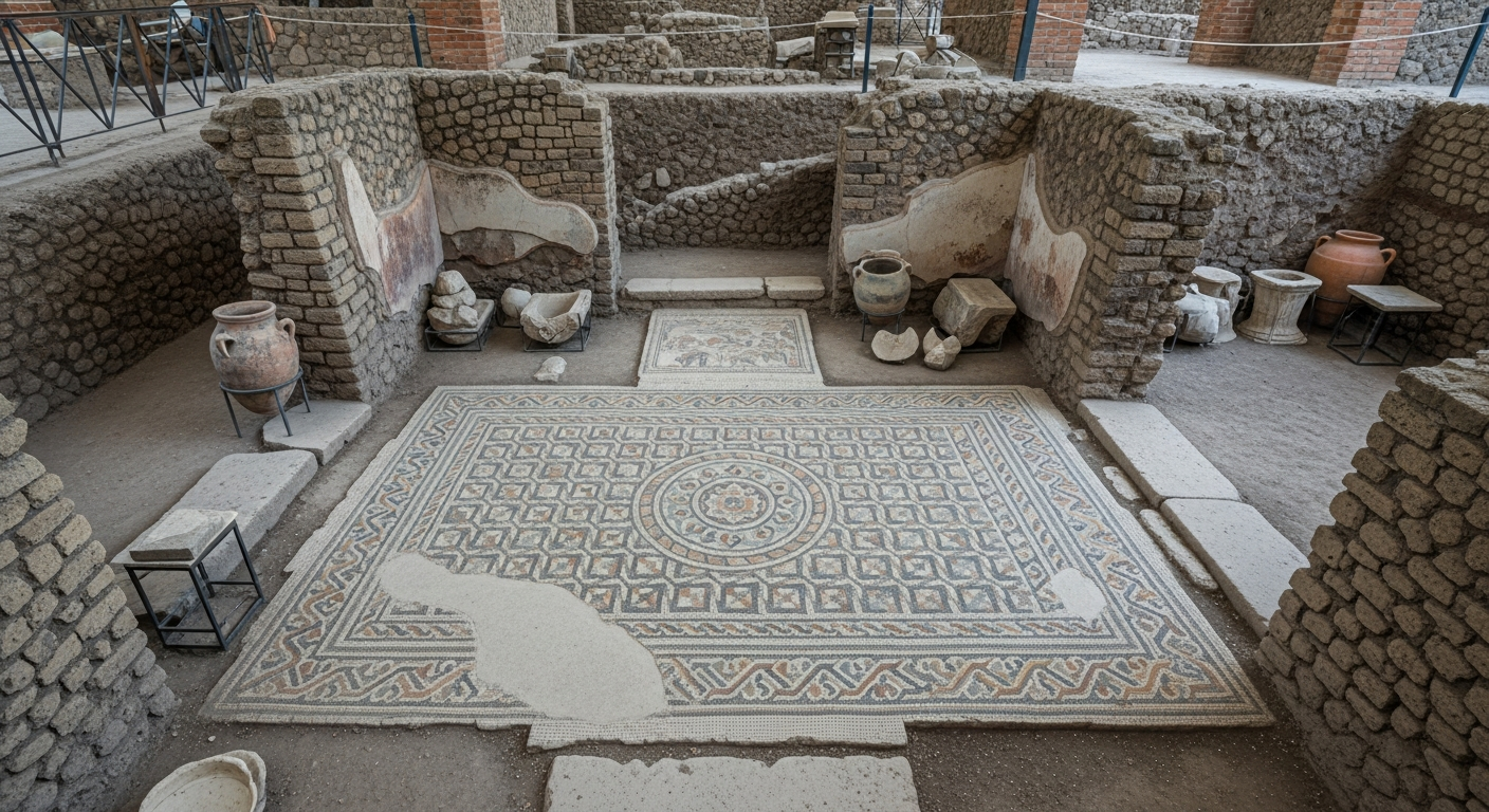 Techniques anciennes : mosaïque romaine intacte découverte à Pompéi lors des fouilles archéologiques