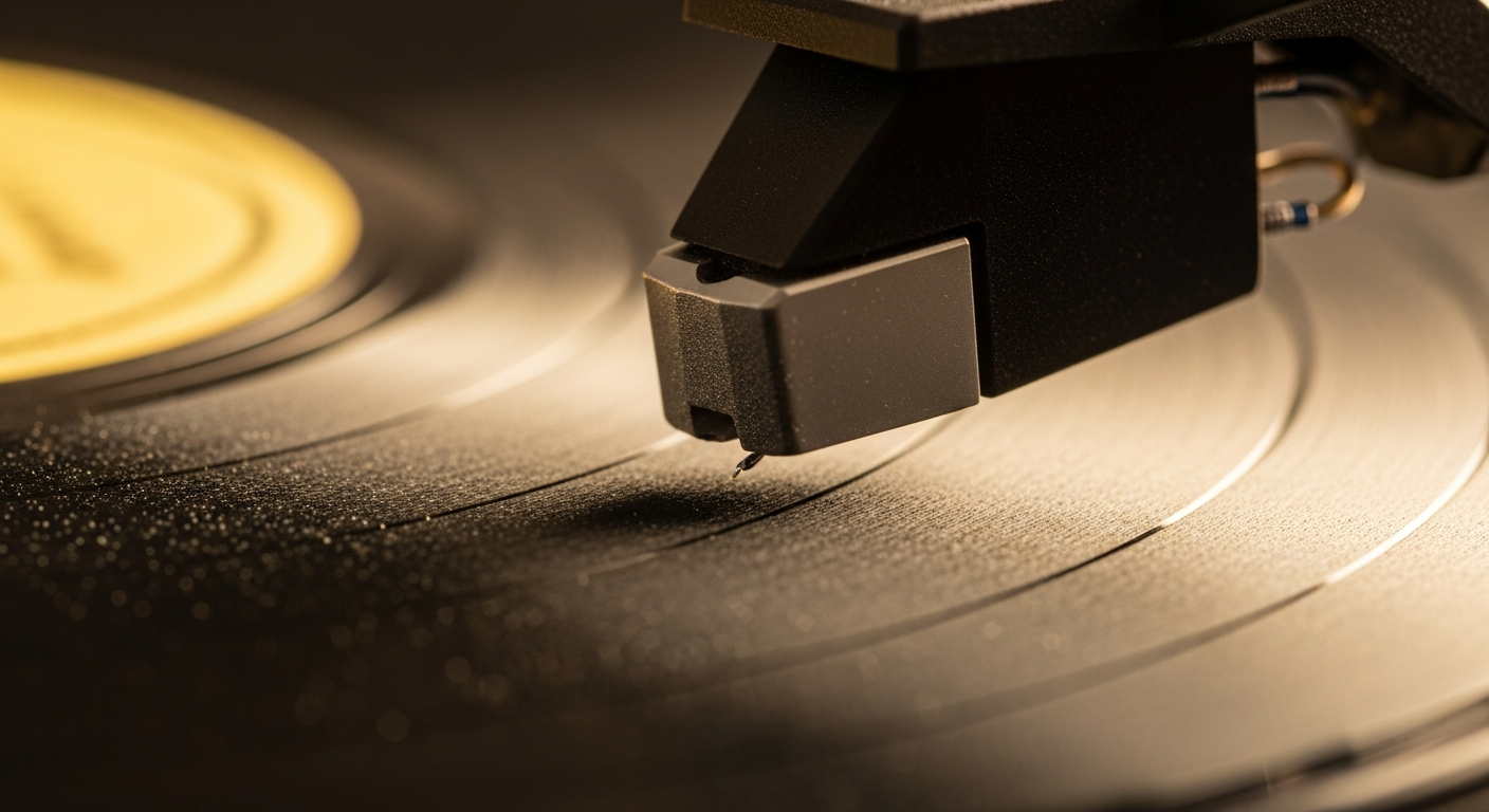 Gros plan des sillons d'un vinyle avec aiguille de platine, montrant la qualité sonore du format vinyle physique
