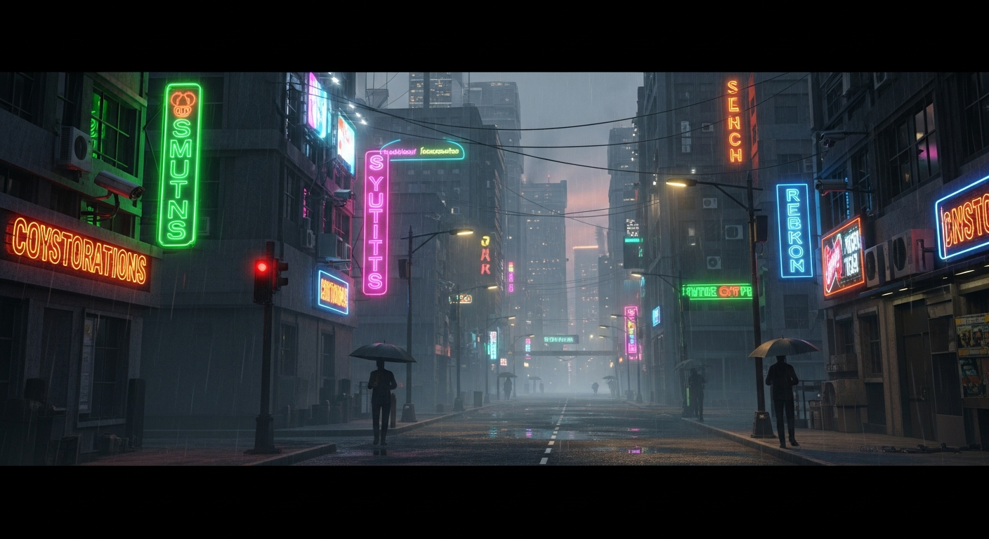 Cité futuriste sombre illustrant la vision futuriste des mondes dystopiques dans la culture pop