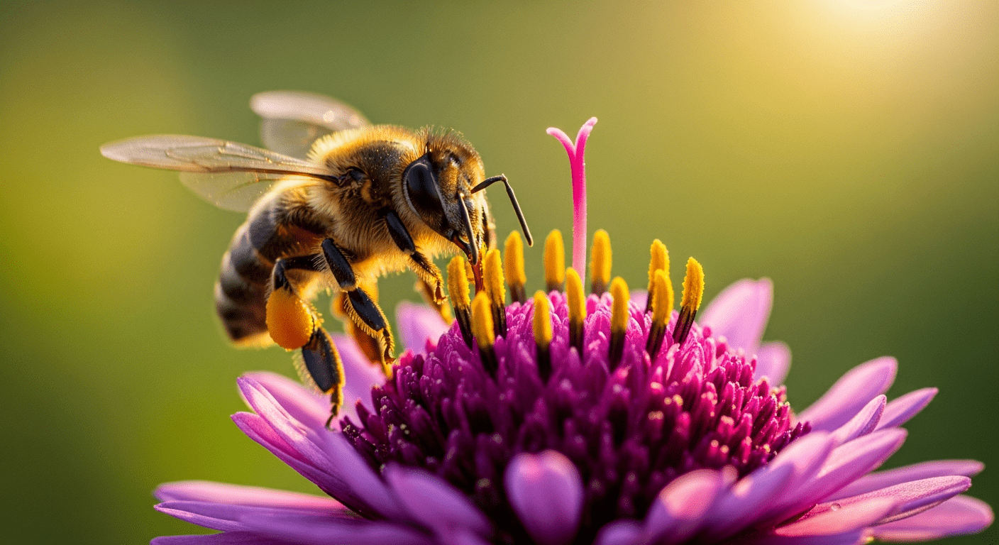 Abeille en train de récolter le nectar sur une fleur sauvage pour fabriquer le miel dans la ruche
