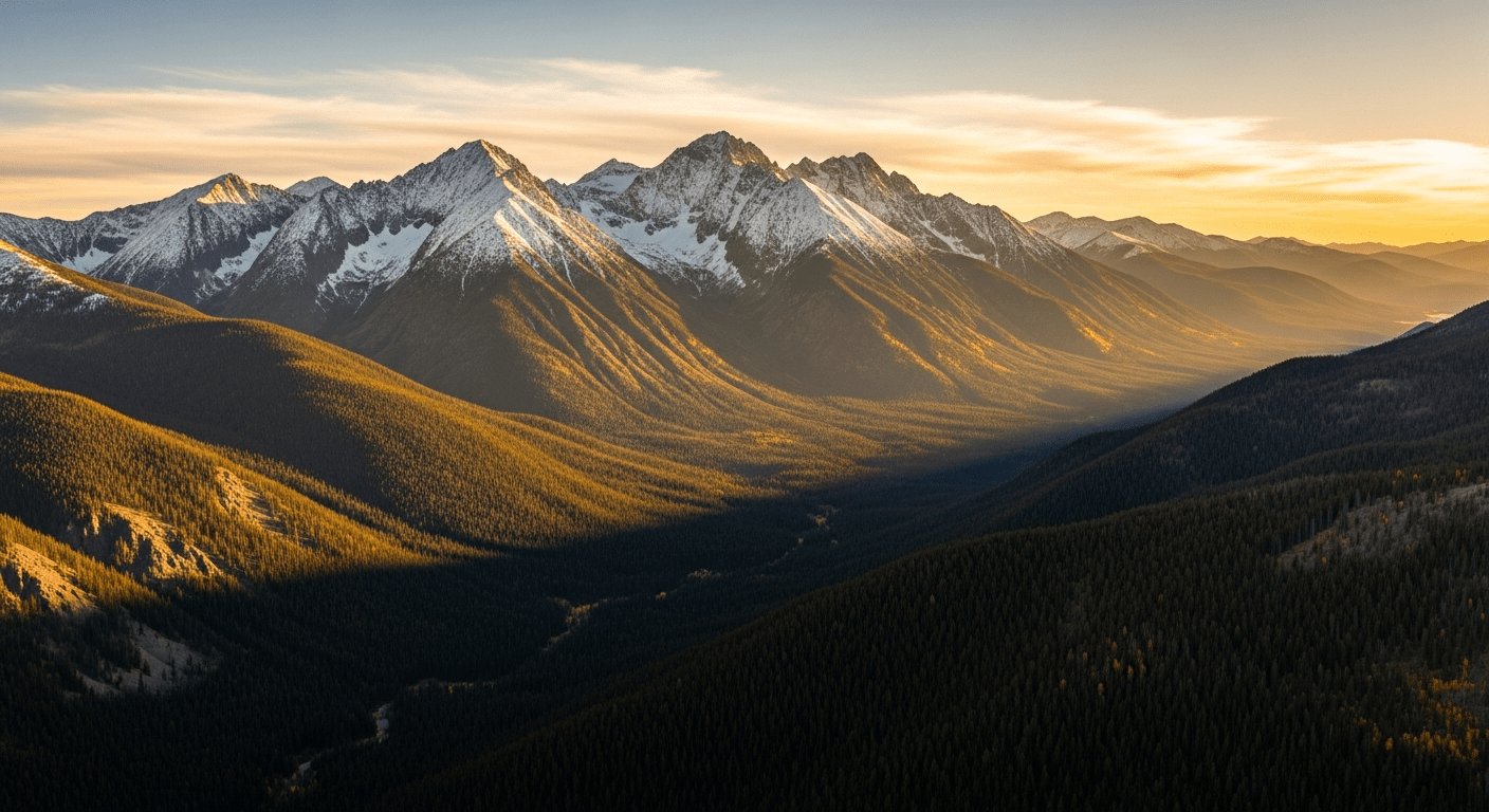 Géographie de l'Amérique du Nord : vue aérienne des montagnes Rocheuses enneigées sous une lumière dorée