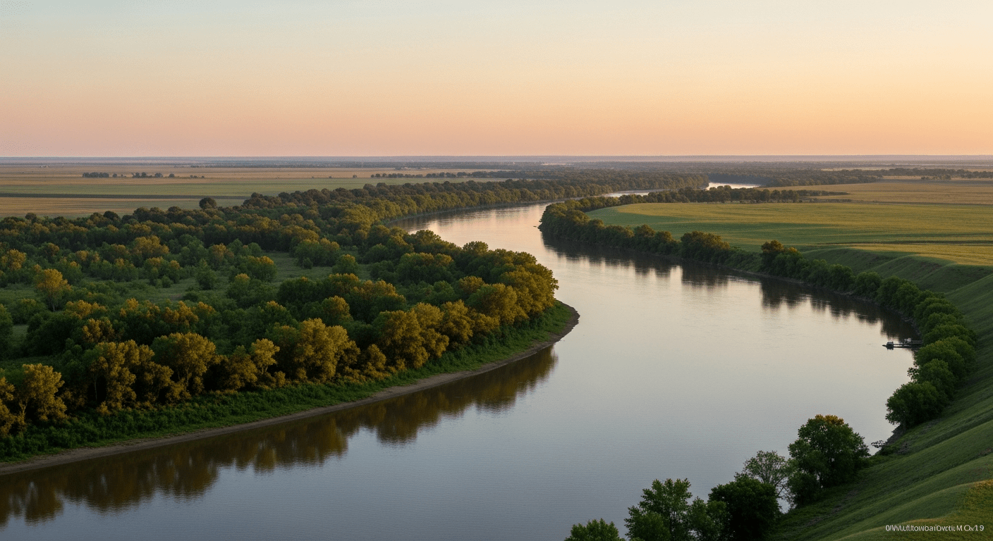 Géographie de l'Amérique du Nord : le fleuve Mississippi traversant les grandes plaines centrales au coucher du soleil