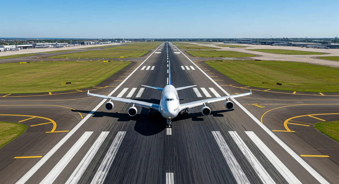 Gros porteur prêt au décollage sur piste d'aéroport, démontrant l'aérodynamique du vol