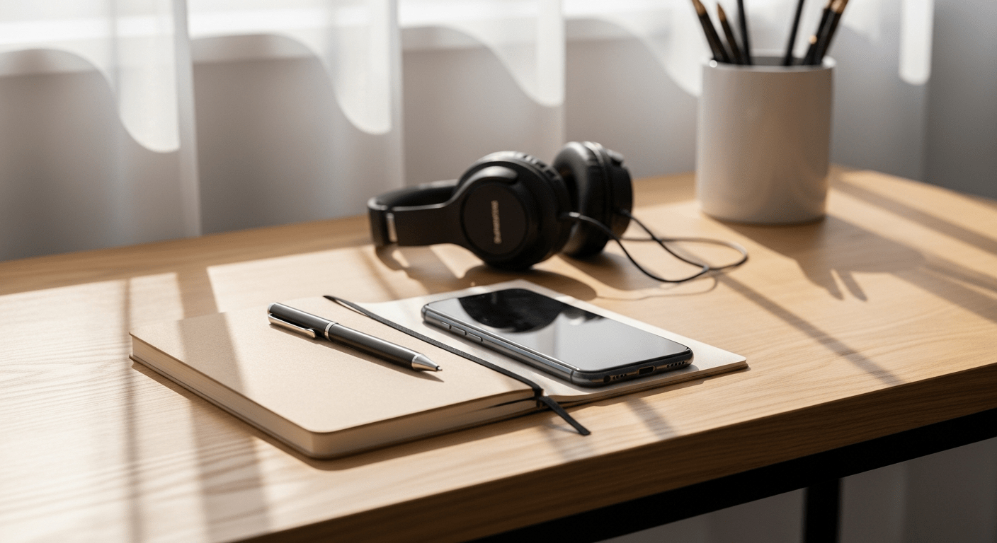 Bureau avec téléphone retourné symbolisant la déconnexion et le bien-être jeunes