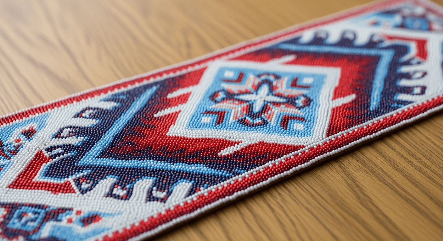 Canada histoire culture : artisanat perlé autochtone aux motifs géométriques colorés, symbole des Premières Nations canadiennes