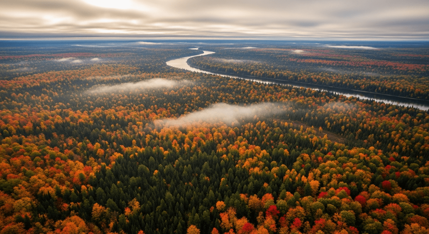 Canada histoire culture : forêt automnale canadienne avec érables rouges et rivière sinueuse dans la brume matinale