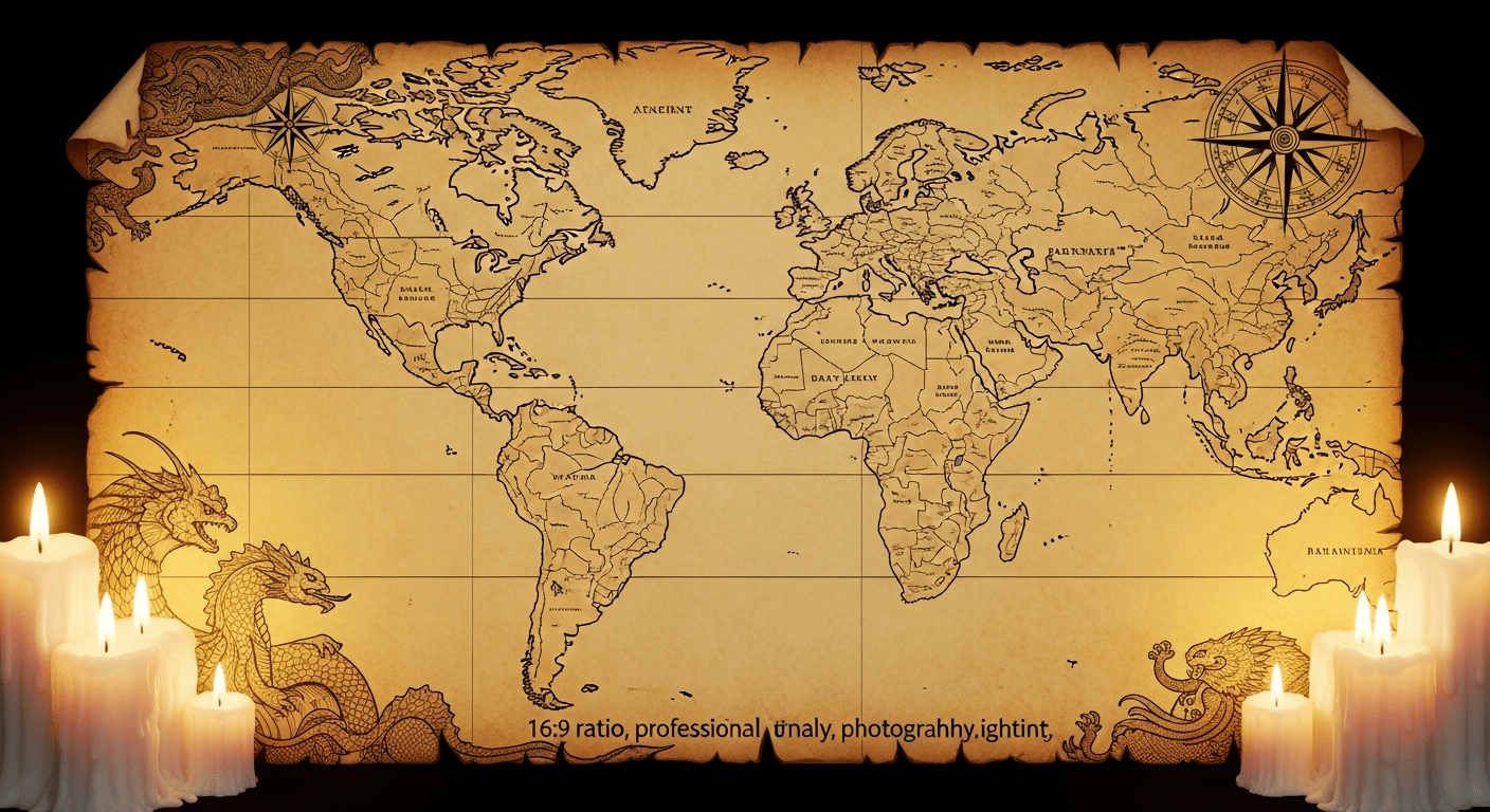 Ancien parchemin représentant une carte du monde avec continents dessinés à la main et créatures marines