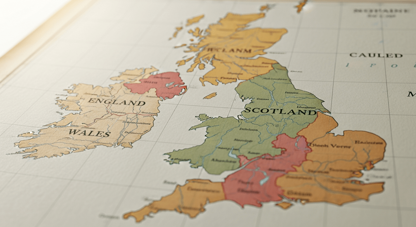 Carte politique ancienne des îles Britanniques montrant les différentes régions de l'Angleterre, l'Écosse et le Pays de Galles