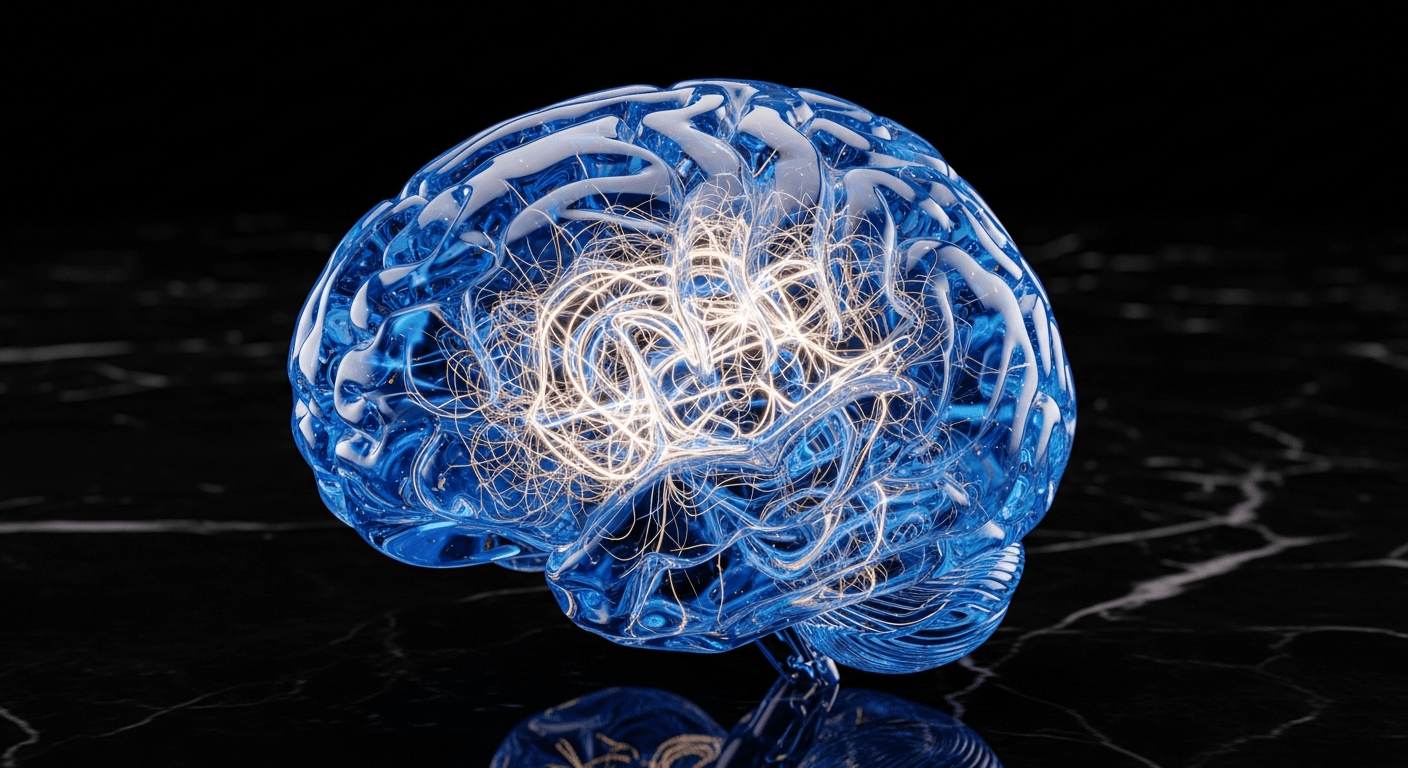 Cerveau humain fonctionnement : modèle anatomique en verre translucide avec connexions neuronales lumineuses