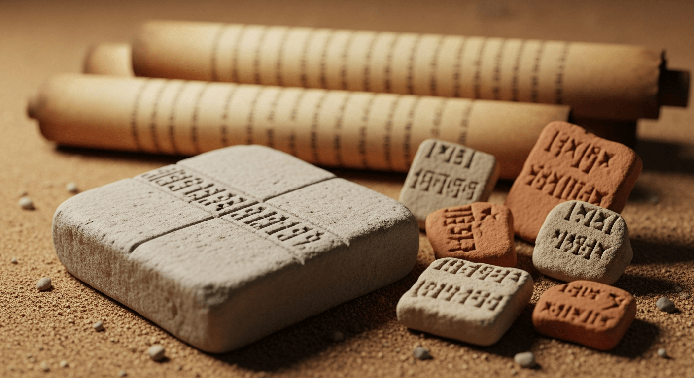 Tablettes anciennes avec inscriptions numériques illustrant l'origine des chiffres arabes et leur histoire millénaire