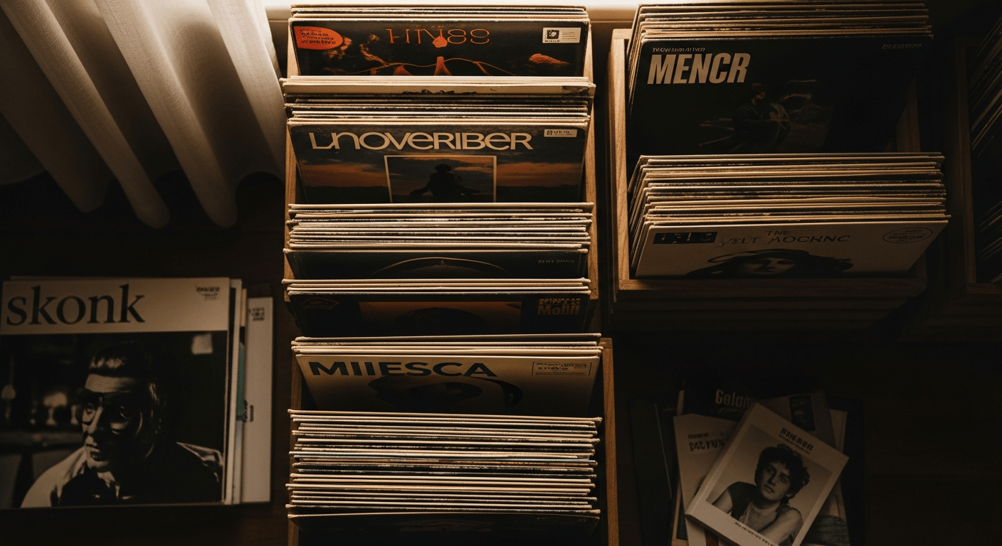 Collection vinyle rangée dans une caisse, montrant les pochettes d'albums pour évoquer la musique physique