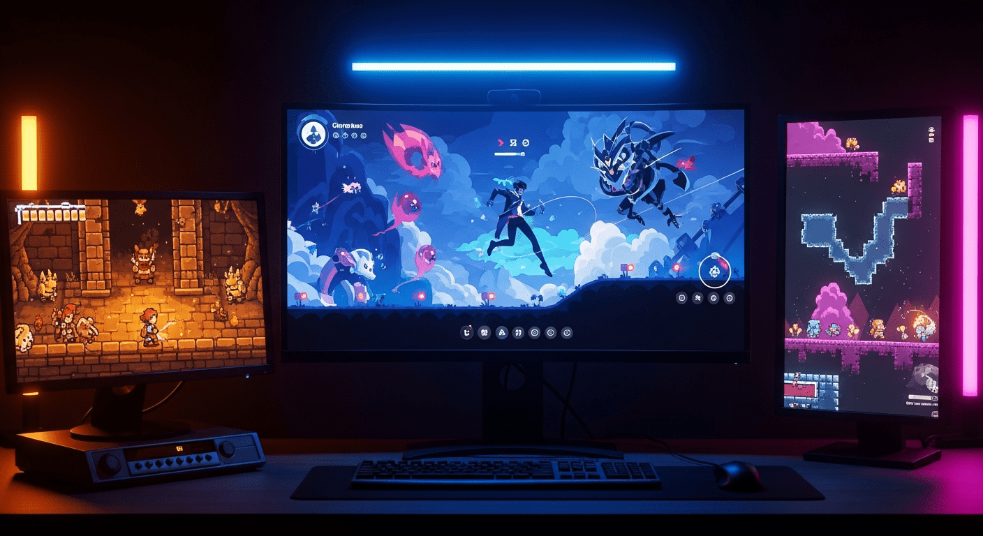 Différents styles de jeux vidéo indépendants affichés sur écrans de studio illustrant la créativité gaming