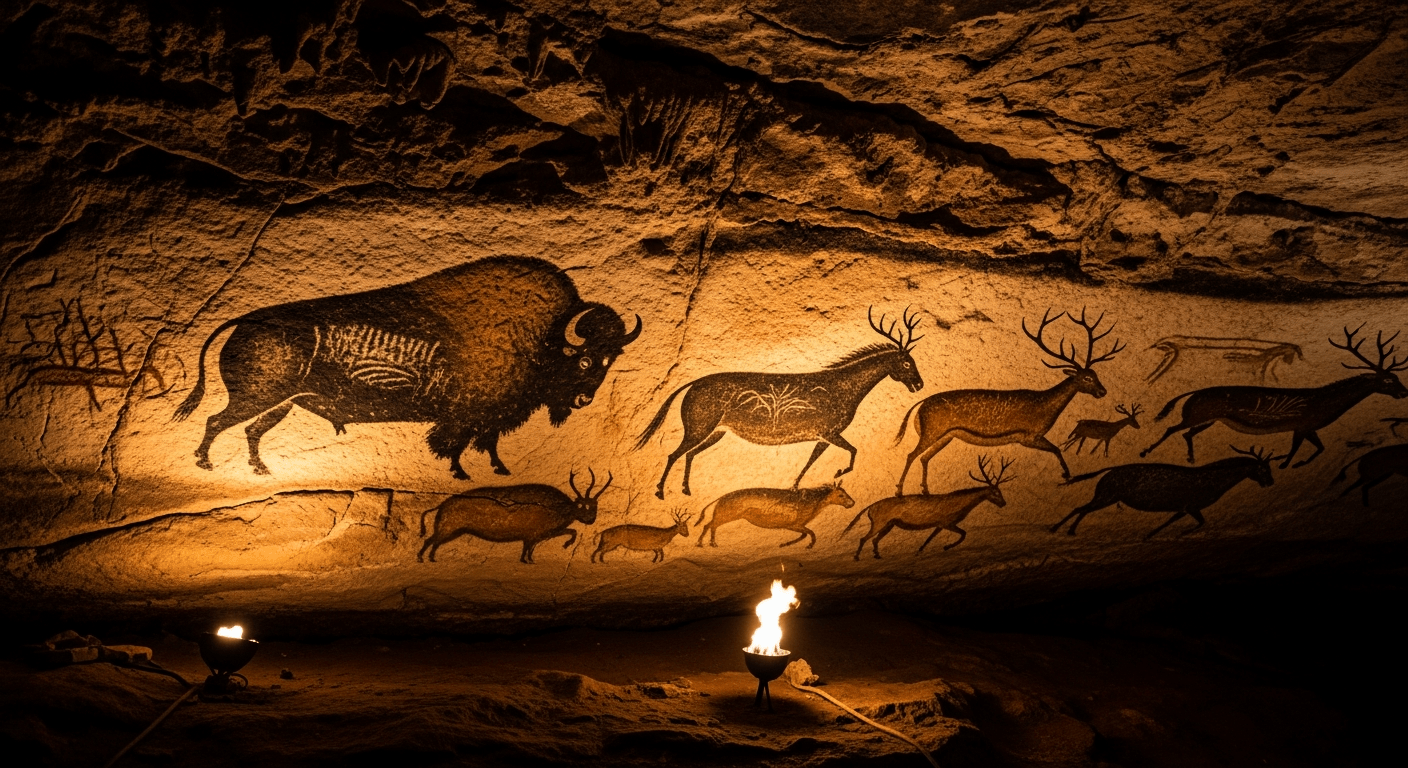 Peintures rupestres préhistoriques représentant des animaux, témoins des premiers récits et croyances des civilisations anciennes