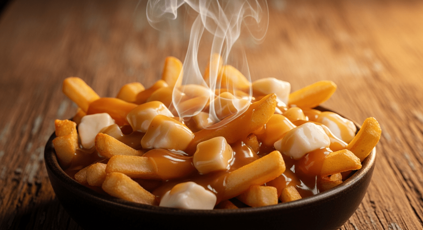 Cuisine québécoise : bol fumant de poutine avec frites croustillantes, fromage en grains et sauce brune