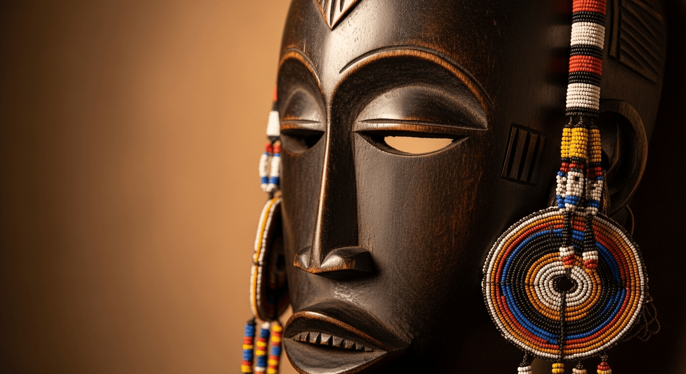 Masque traditionnel et ornements de perles illustrant la culture Soudan du Sud et ses traditions ethniques