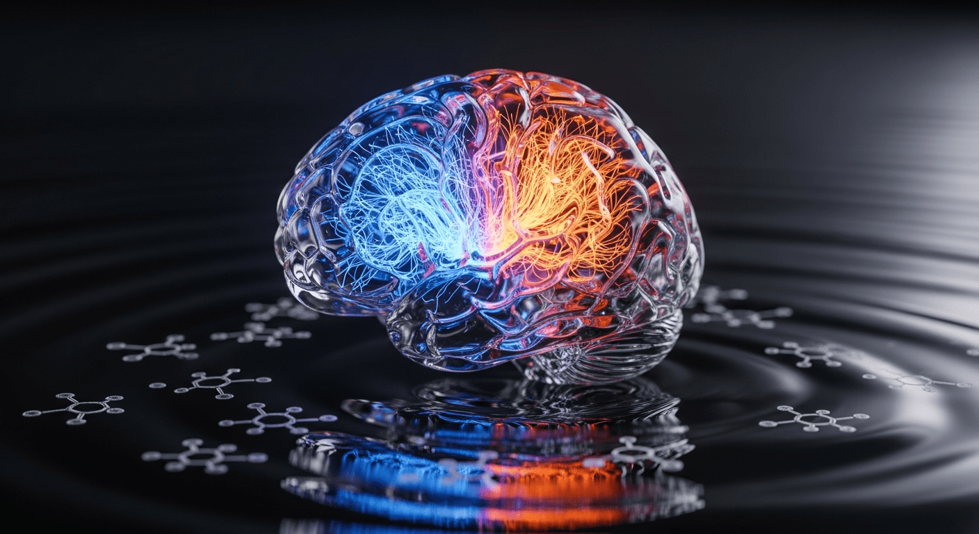 réseaux sociaux attention : modèle de cerveau en verre avec circuits neuronaux dopamine allumés en bleu et orange