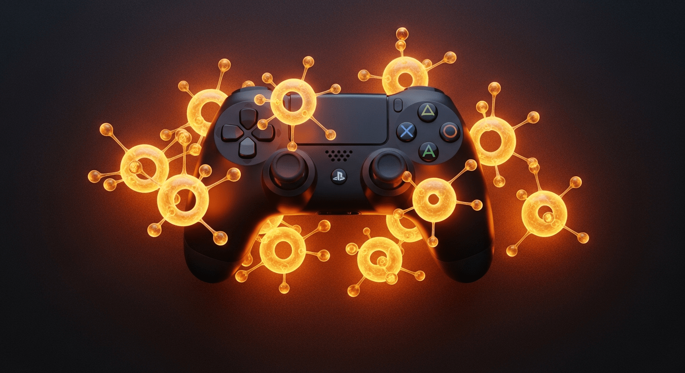Manette de jeu entourée de structures moléculaires lumineuses représentant la dopamine et la cognition dans le gaming