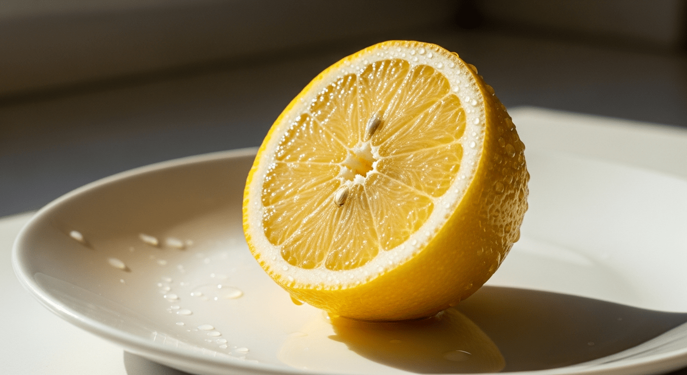Citron frais coupé en deux avec gouttelettes d'eau, symbole de l'eau au citron le matin