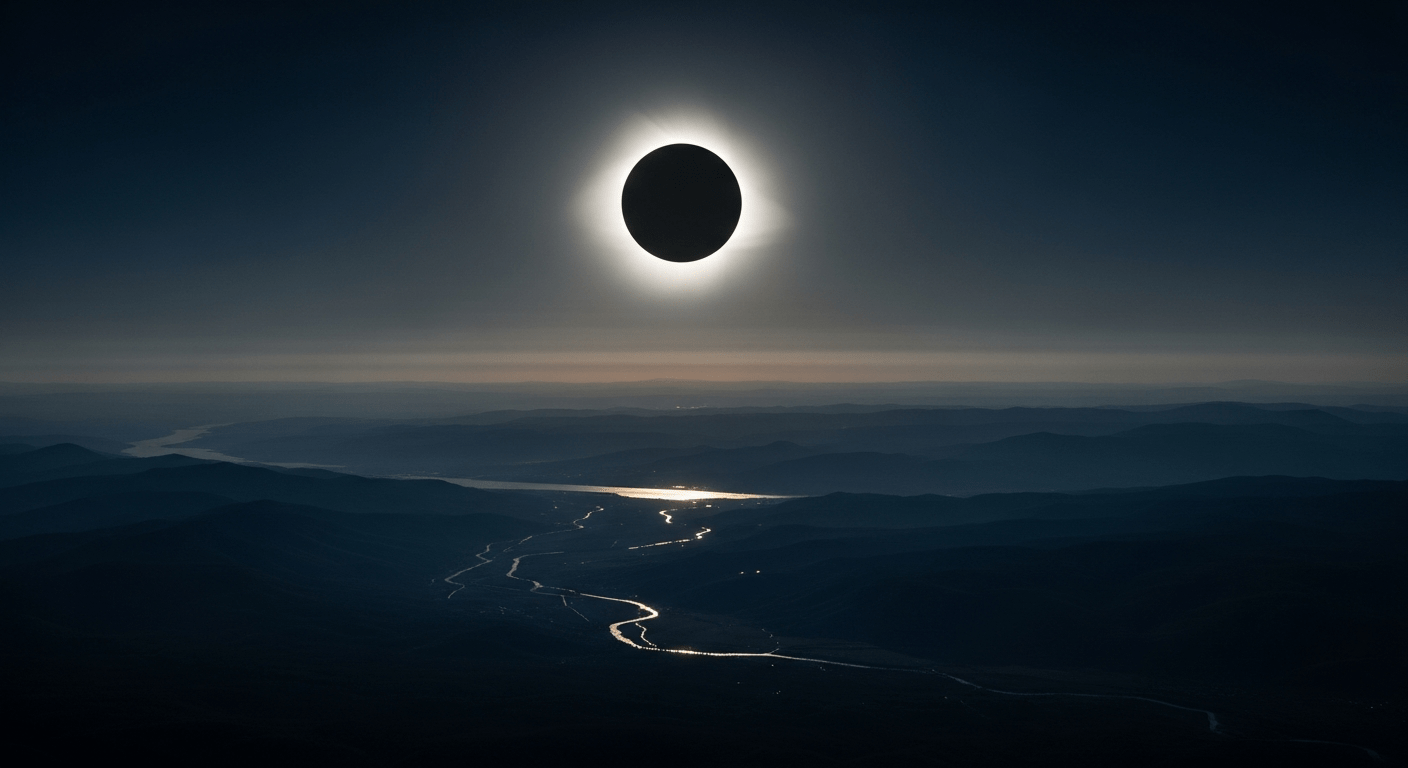 Ombre de la Lune lors d'une éclipse solaire totale avec la couronne solaire visible autour du disque lunaire