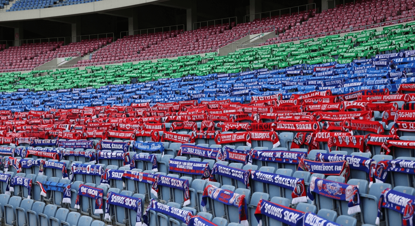 Écharpes et drapeaux de supporters dans un stade vide, illustration des émotions et de la psychologie des supporters