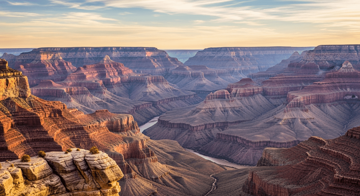 États-Unis : vue panoramique du Grand Canyon au coucher du soleil avec les couches rocheuses colorées