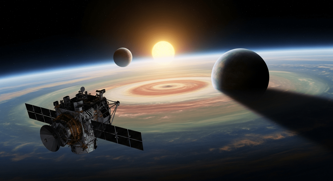 Représentation d'exoplanètes orbitant autour d'une étoile lointaine observées par télescope spatial