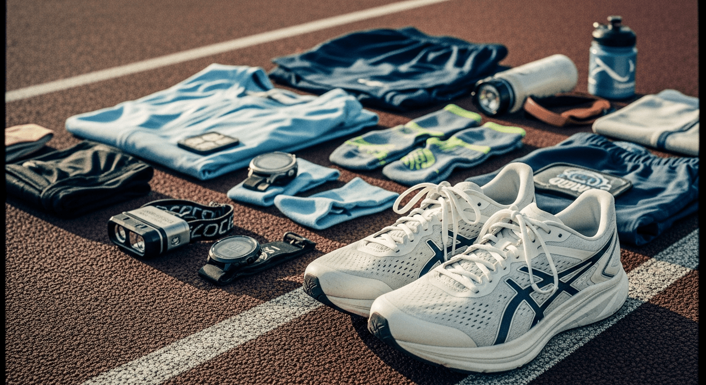 Chaussures de course et équipement sportif sur une piste, représentant les exploits athlétiques des Jeux Olympiques