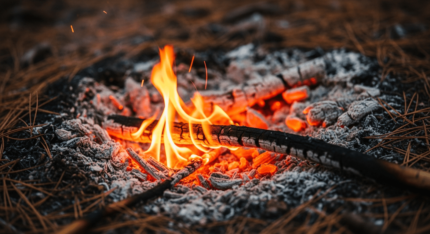 Flames et braises orangées parmi des aiguilles de pin calcinées, montrant la propagation d'un feu de forêt